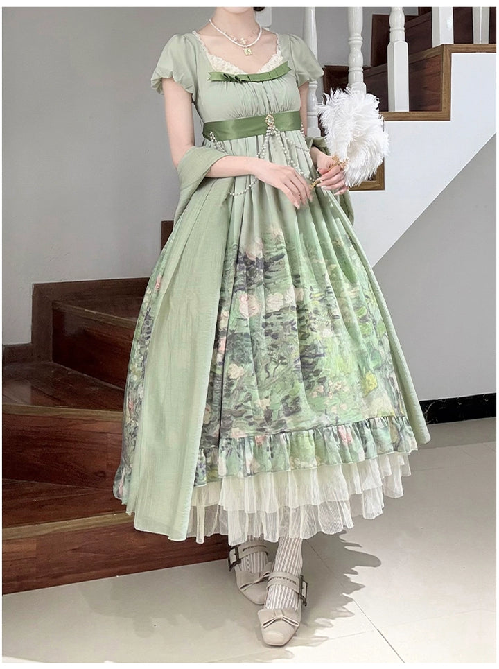 With PUJI~Blooming Rose~Chiffon Classic Lolita Dress Set Painting Styled OP & JSK 42925:758710