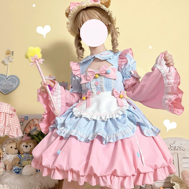 Hanguliang - Cute Maid Lolita Apron OP Dress S Blue-Pink (Dress + Apron + Cuffs)