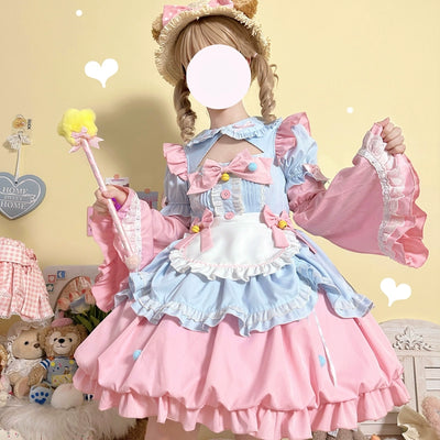 Hanguliang~Cute Maid Lolita Dress Short Sleeve Floral OP Dress S Pink (Dress + Apron + Cuffs) 