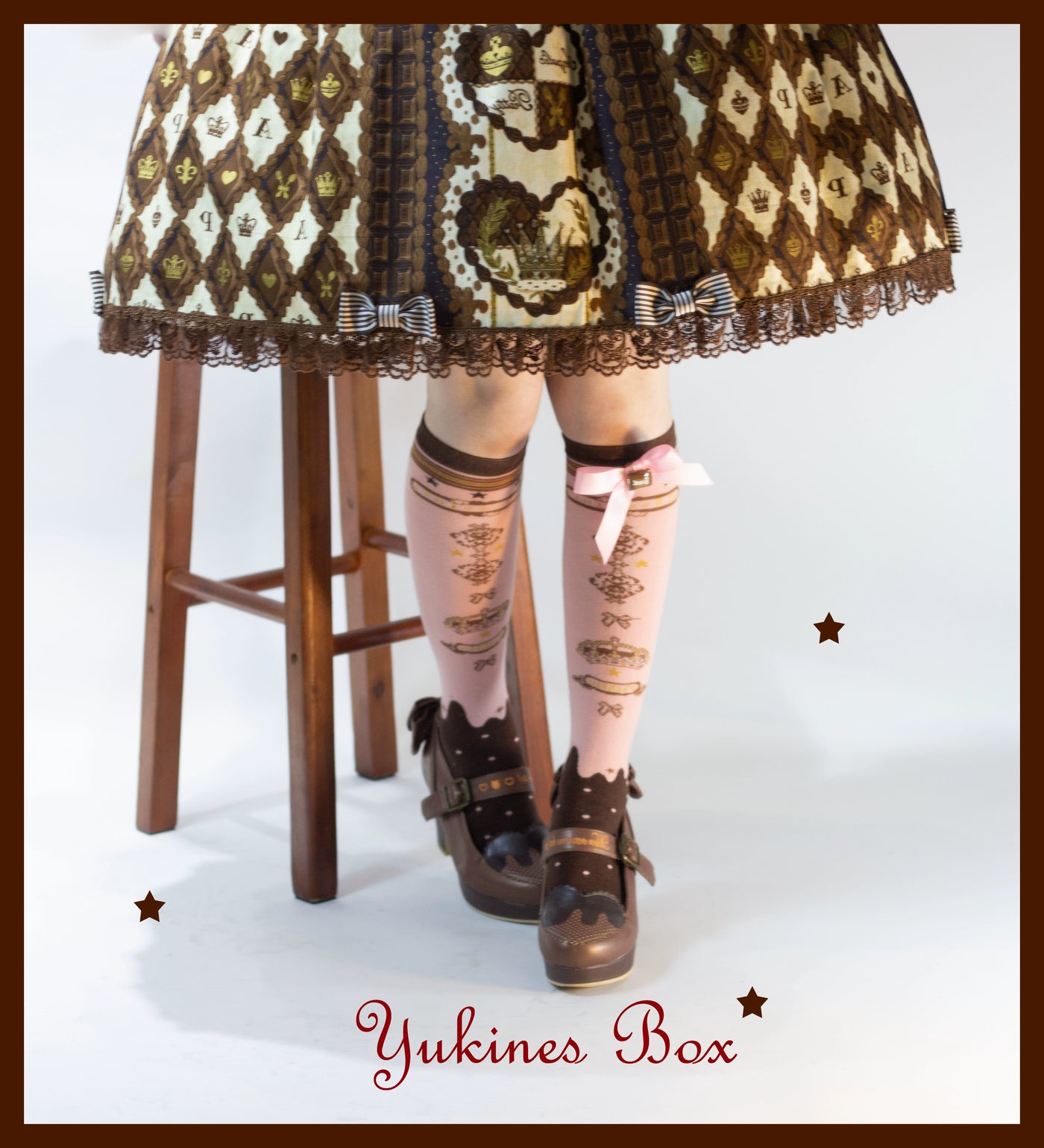 Yukines Box~Retro Lolita Chocolate Color Cotton Socks mid-calf socks pink-chocolate color 