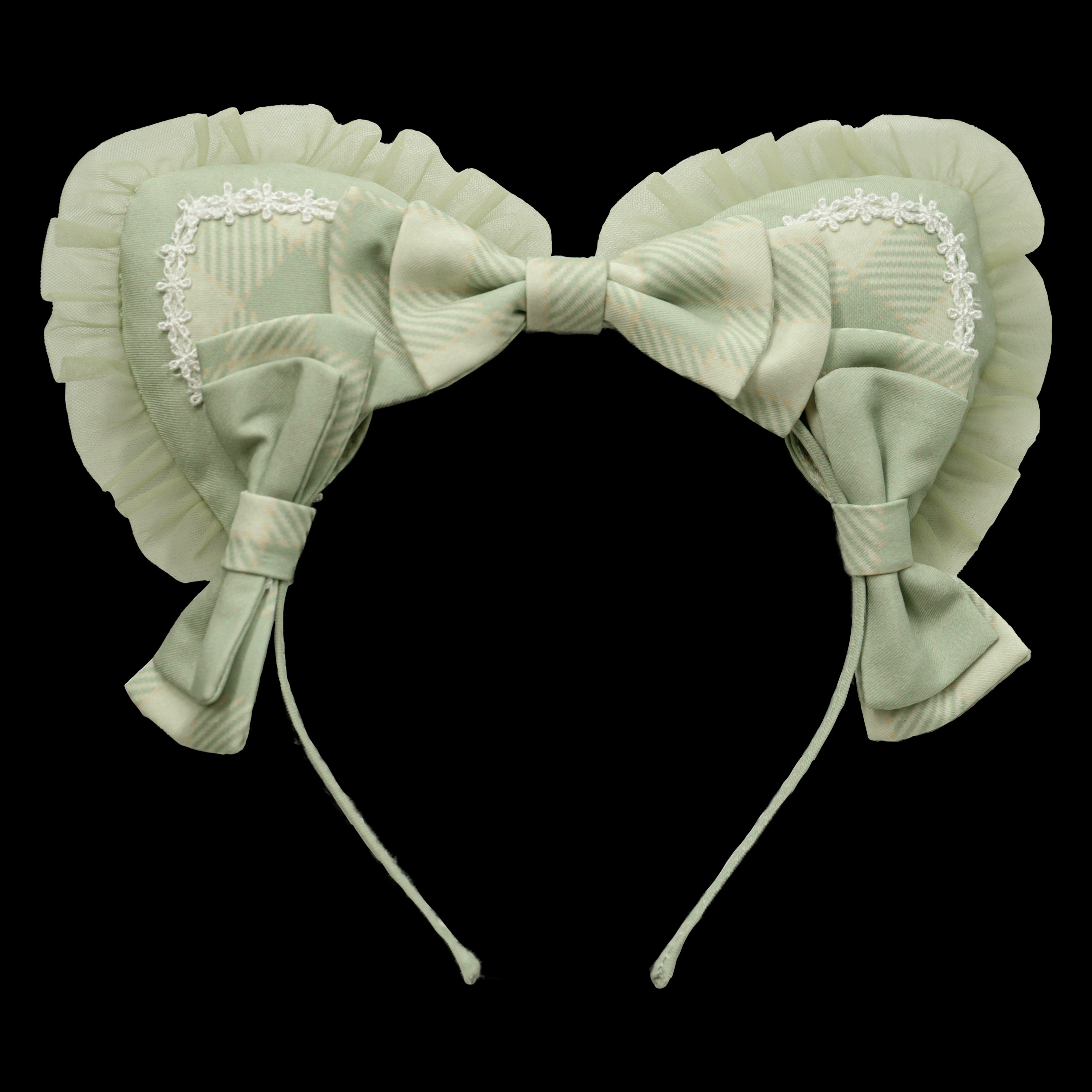 Chaton Jardin - Sunny Cat - Sweet Lolita Cat Ear KC Plaid Flower Ball Brooch One Size Light Green- Cat Ear KC