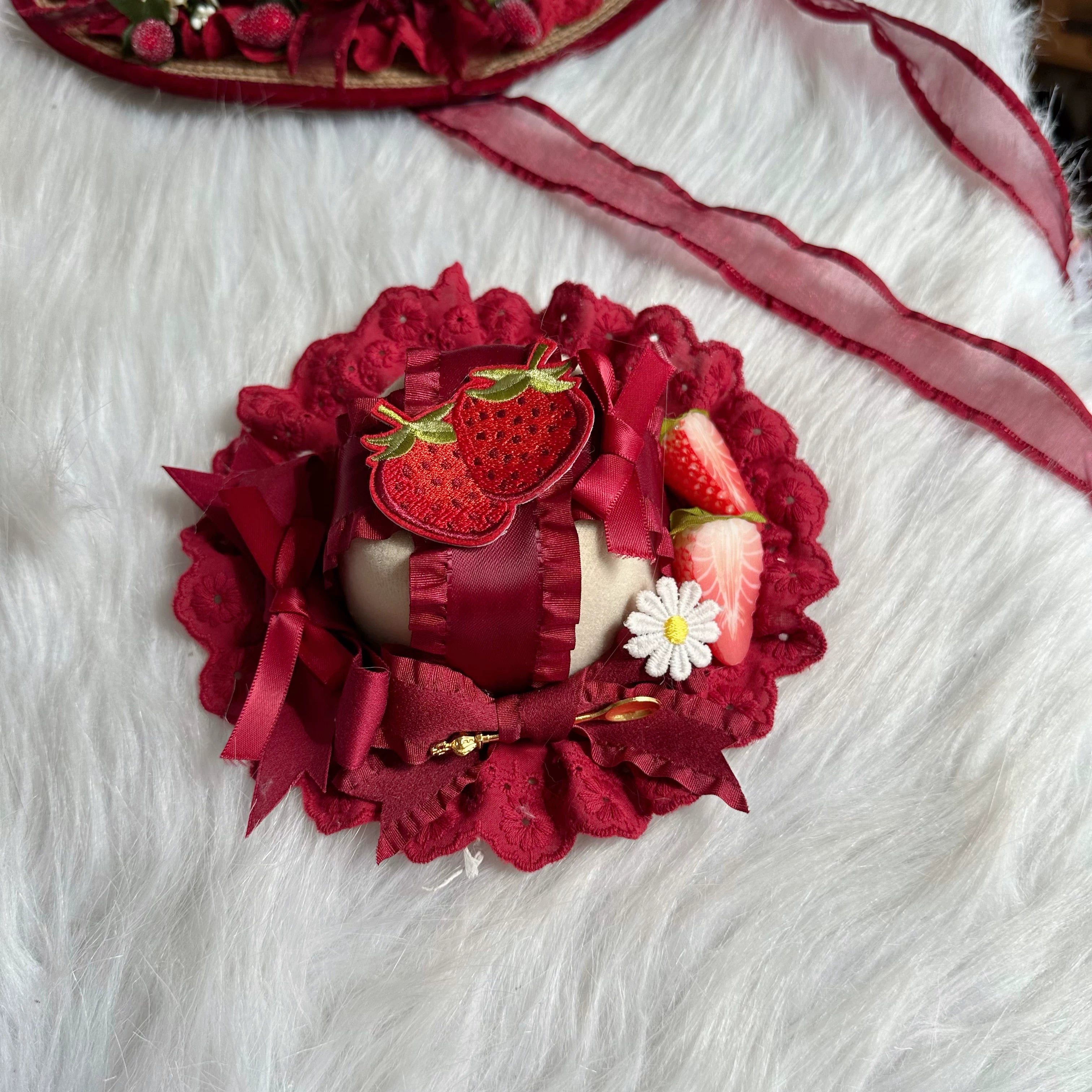 Red Sweet Lolita Headdress, Bows and Strawberry Pendants Top Hat Only (with fixed clip)