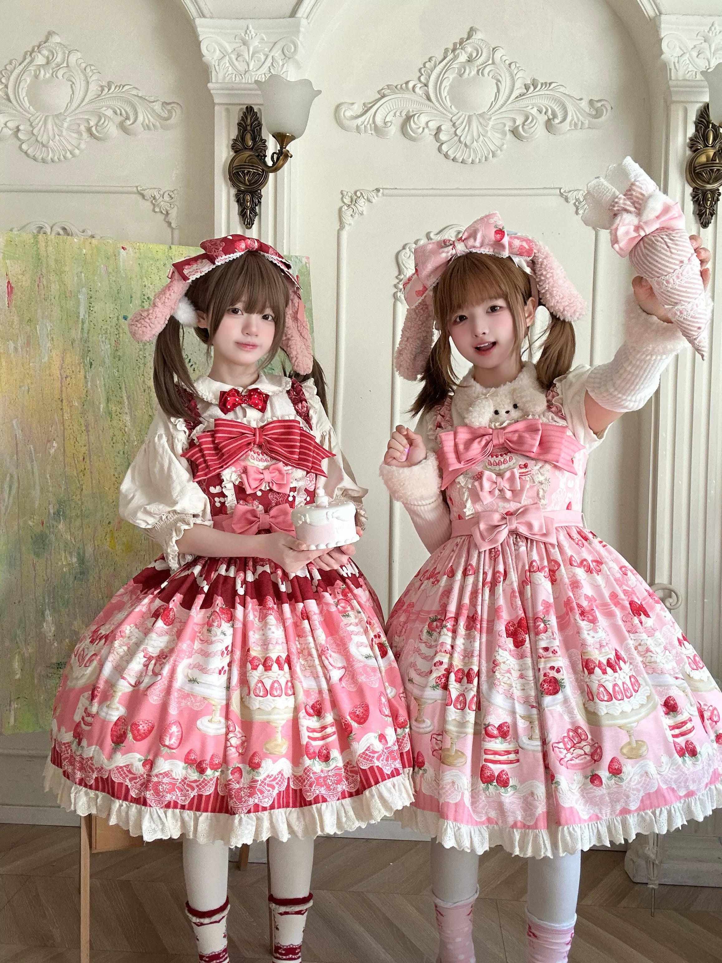 Strawberry Cake - Printed Sweet Lolita JSK Dress, Plush Bunny Ear KC