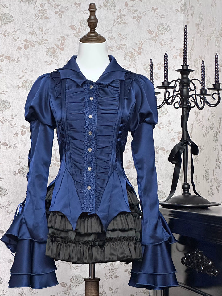 Flower Messenger~Endless Night~Gothic Lolita Shirt with Batwing Collar and Puffy Sleeves