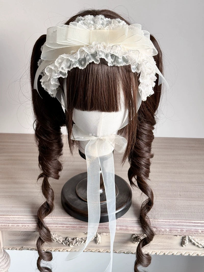 MAID~Elegent Lolita Headband Ivory KC Cake Cap Headband (fixed with duckbill clip and ribbon)  