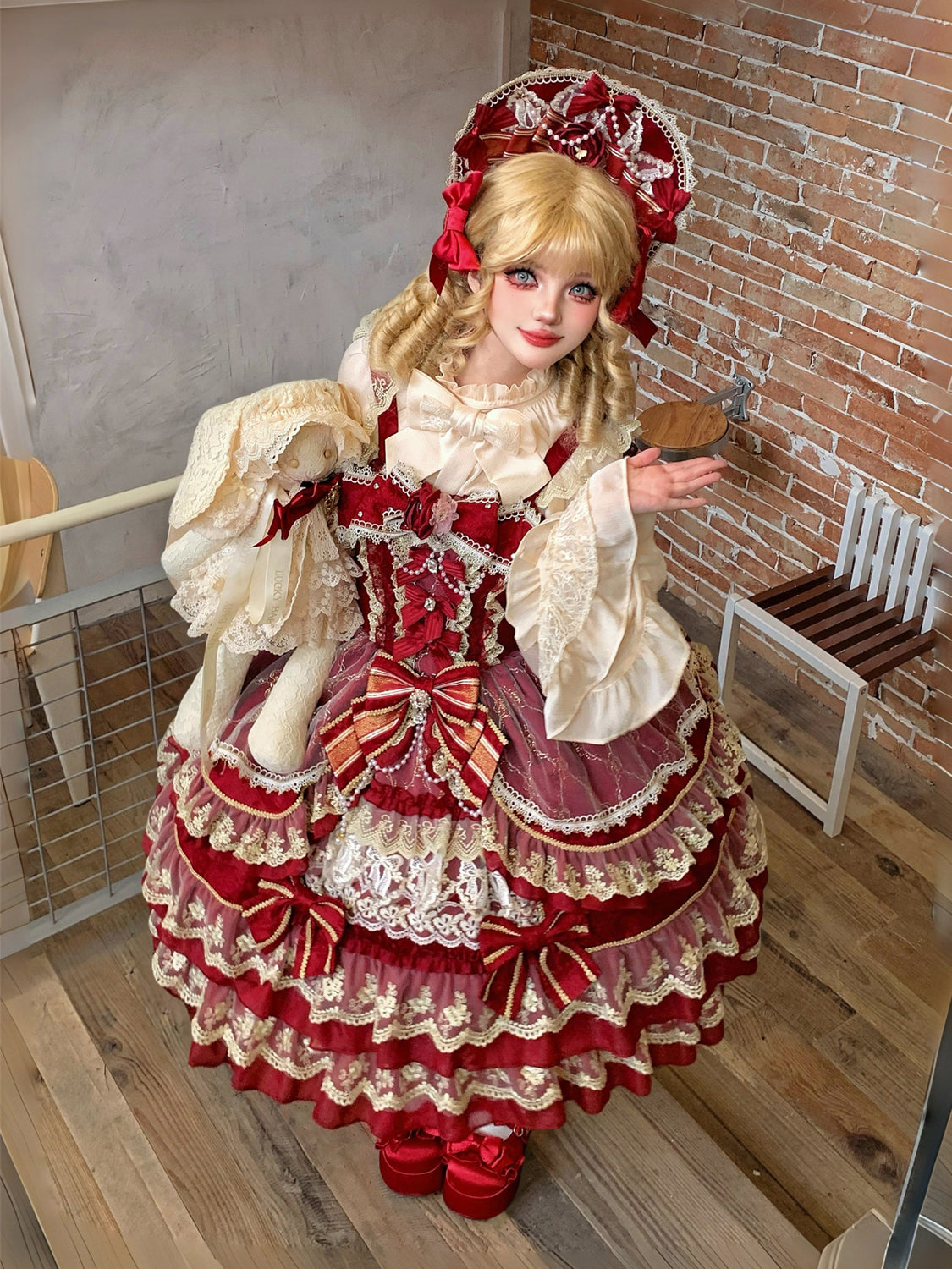 Hanguliang - Gem Crown - Sweet Lolita JSK Suit Tiered Ruffles Doll-Like Dress and BNT