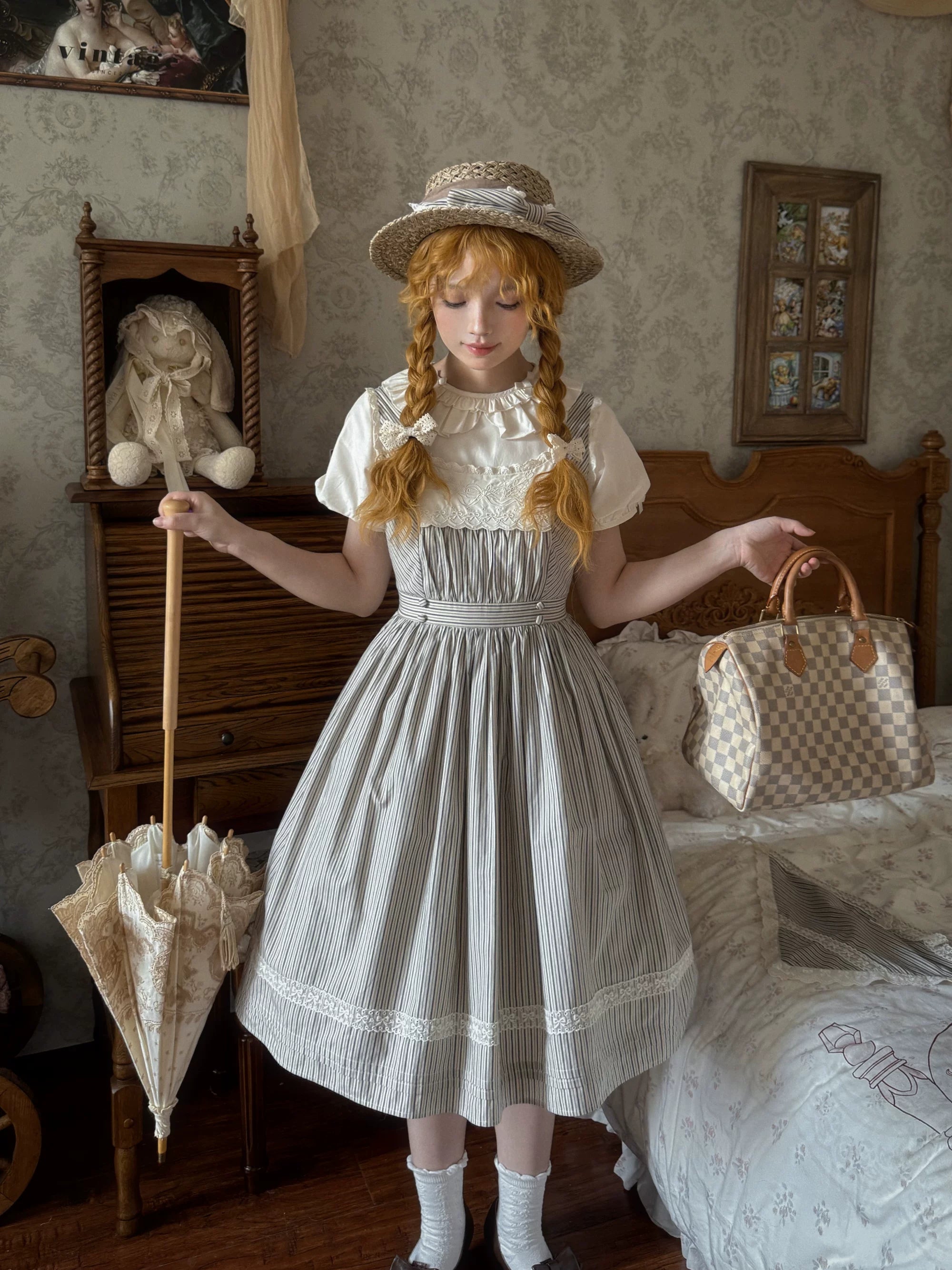 Stripe Minuet - Classic Lolita Striped JSK Dress, Embroidered Neckline 45317:844820