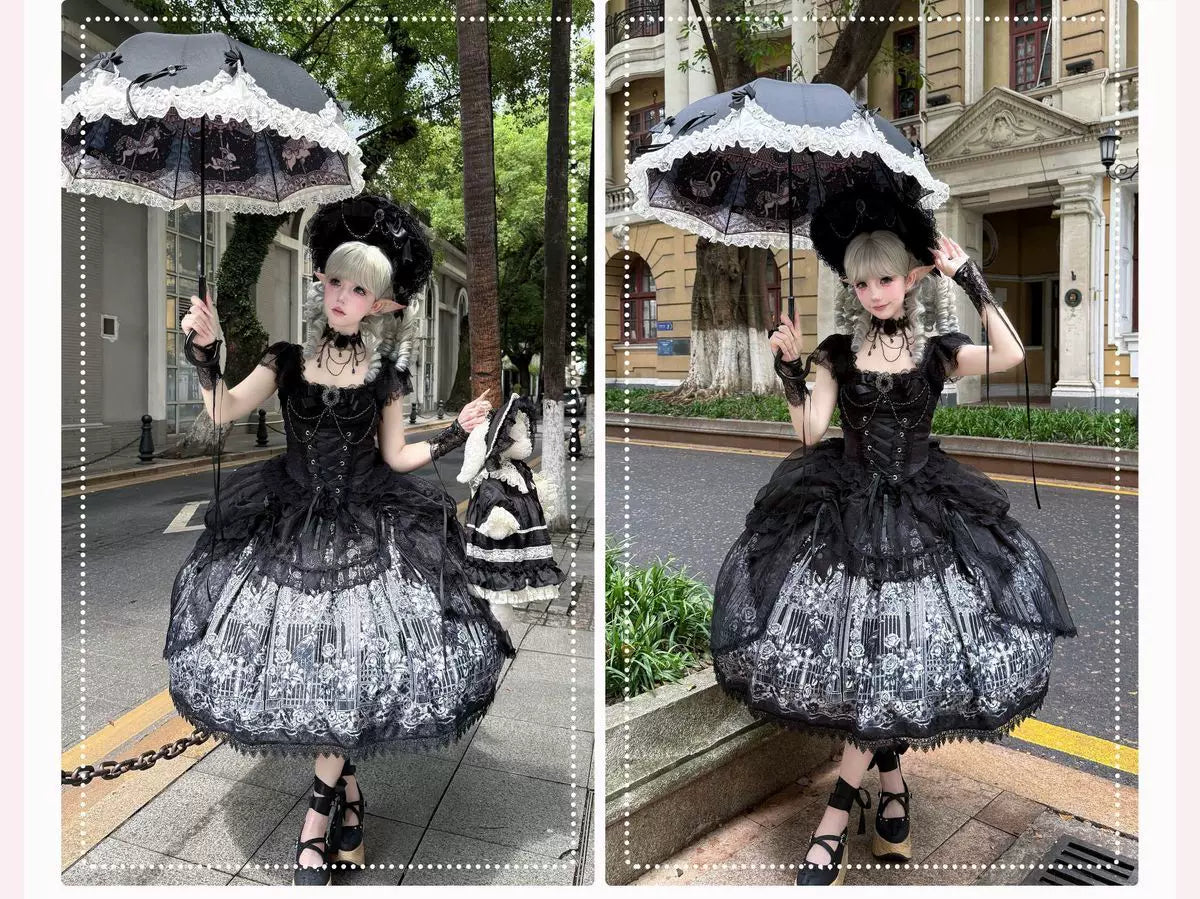 Thorn Feather Relic - Gothic Lolita JSK Dress, Crow and Rose Print 45863:866237