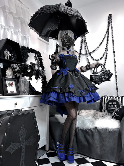 (Buyforme)Platycodon House~Romantic Contract Lolita Twin Rose Gothic JSK XS black blue set (with headwear) 