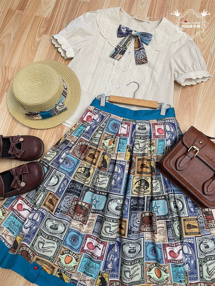 Miss Cube - Antique Label - Retro Lolita Skirt American Half Skirt Customized Antique Print