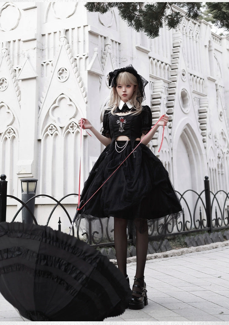 With PUJI~Evil Flower~Gothic Lolita Skirt Set Rose Embroidered Hollow Out Blouse 39596:631132