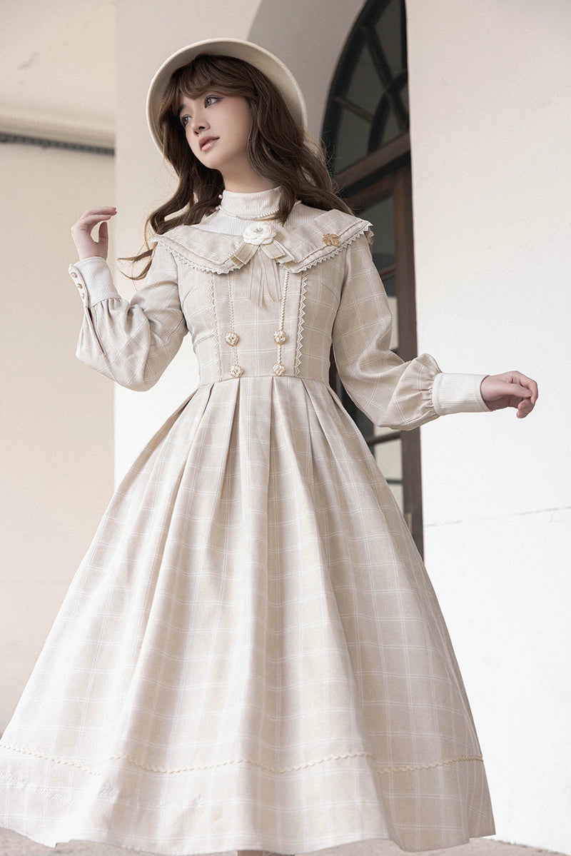 ZeeYe~Maple Dan Bai Lu~Classic Lolita Plaid Dress Long Sleeved OP