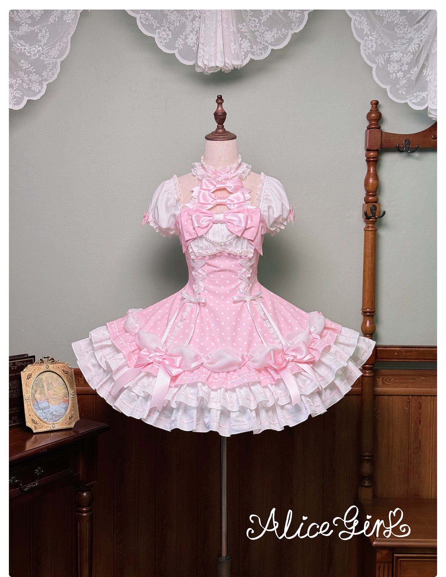Alice Girl - Old School Polka Dots - Halter Neck Sweet Lolita OP Dress Pink XS