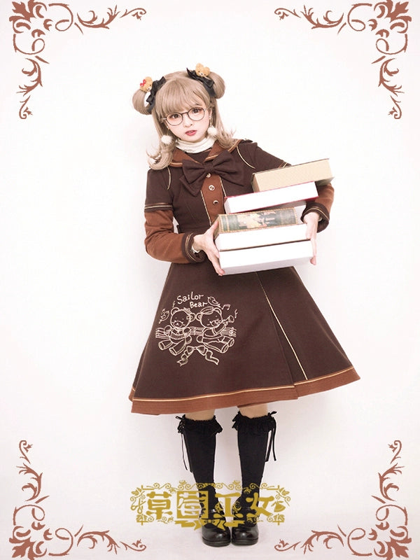 Strawberry Witch - Winter Kawaii Lolita Sailor Collar Overcoat, Bear Embroidery 44184:797996