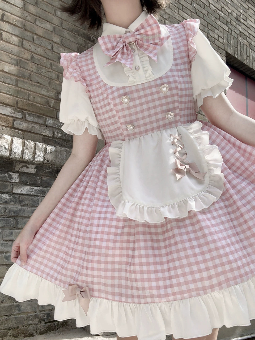 PuppetBombs~Sweet Lolita Dress Pink Plaid Jirai Kei Dress Short Sleeve   