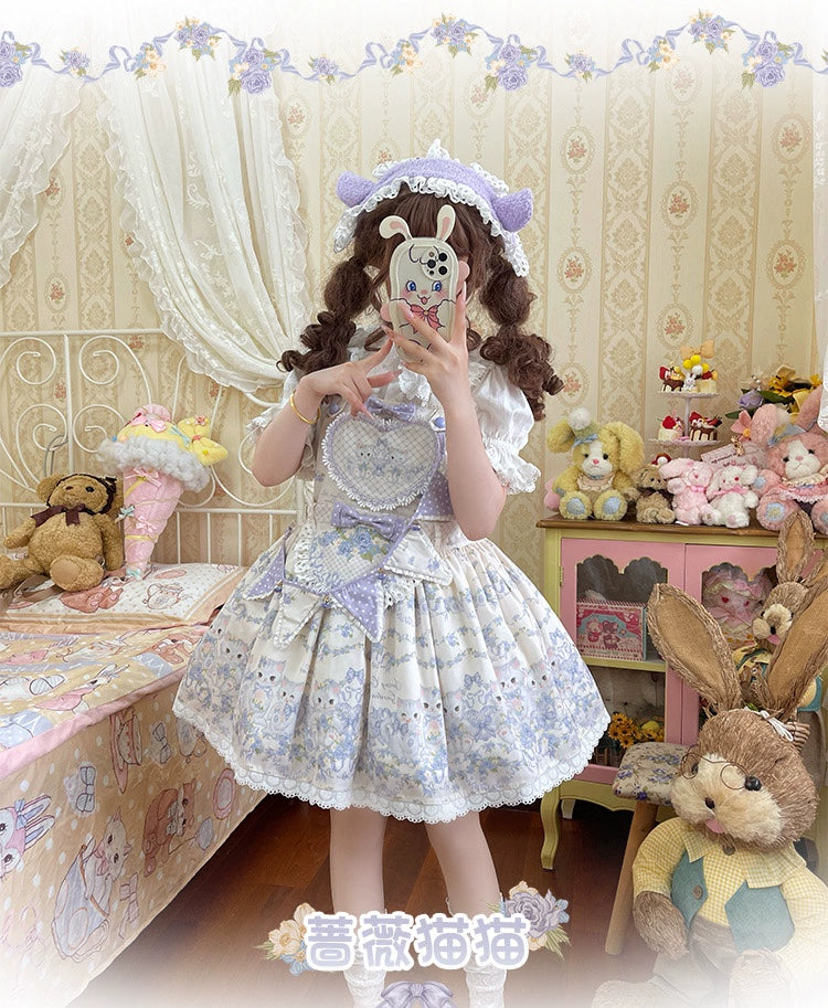 Akiyama Future Studio~Rose Cat~Sweet Lolita Salopette Floral Print Dress   