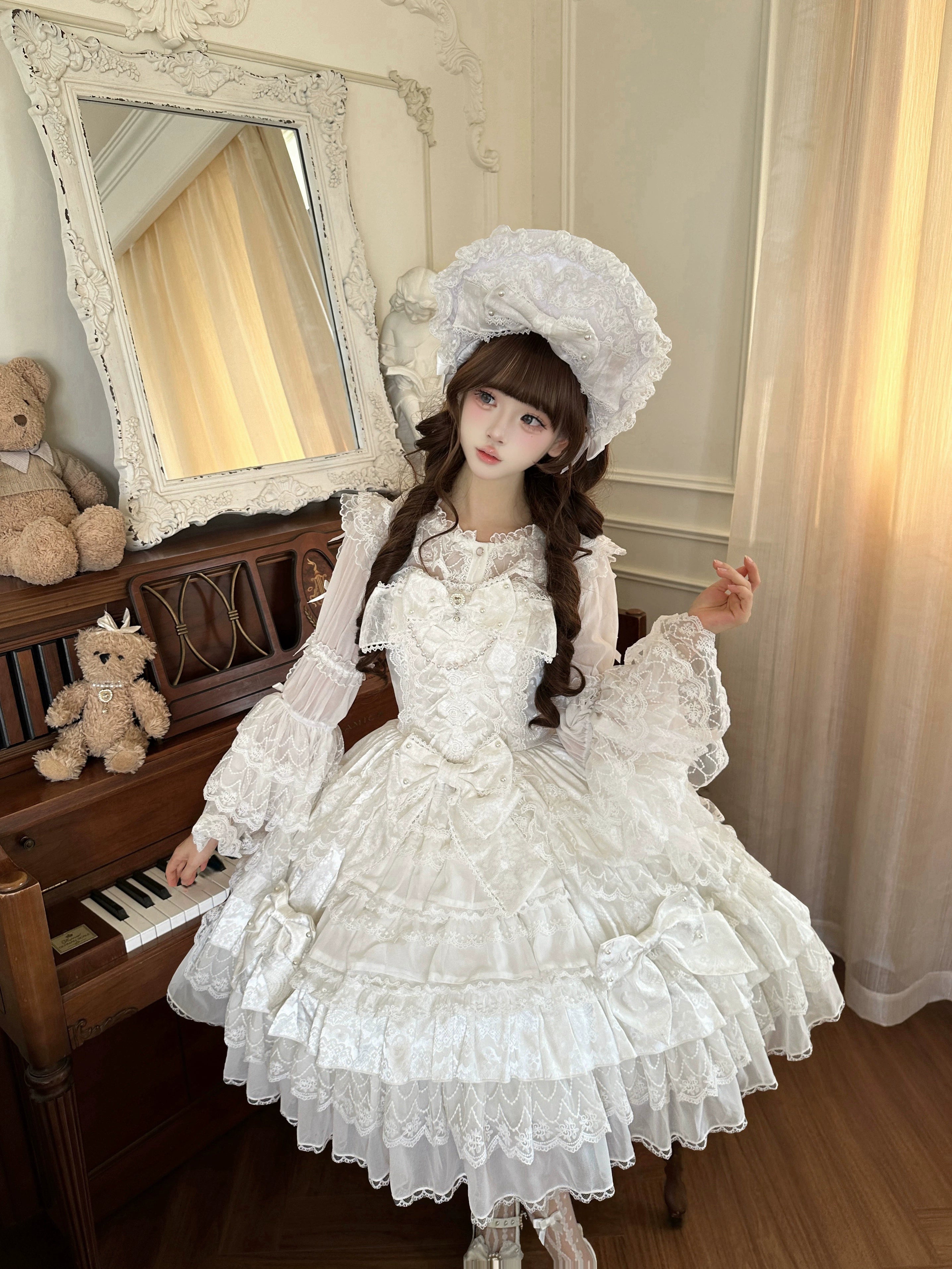 Slumbering Pearl Curtain - Sweet Lolita JSK Dress, Pearl Bows and Layered Lace 45780:862462