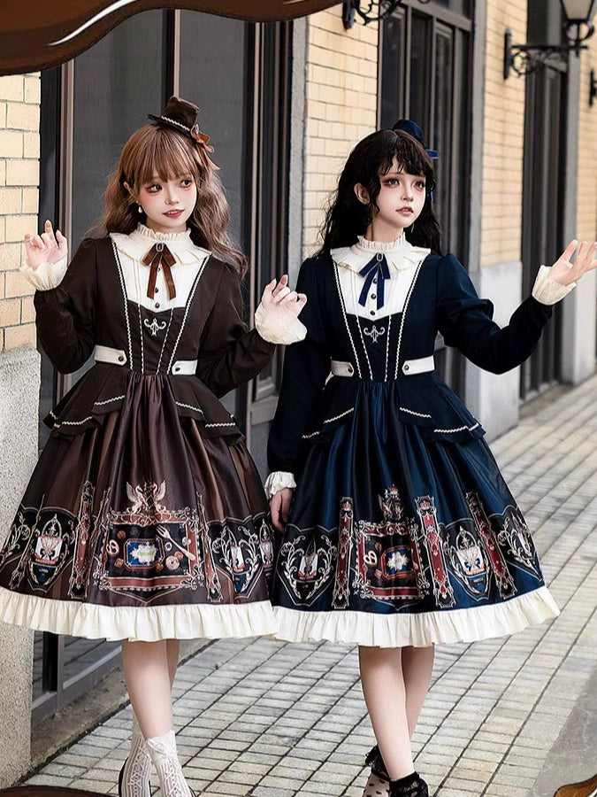 Jinmu~Chocolate Academy~Vintage Lolita OP Long Puff Sleeve Schoolgirl Lolita Dress 40344:657236