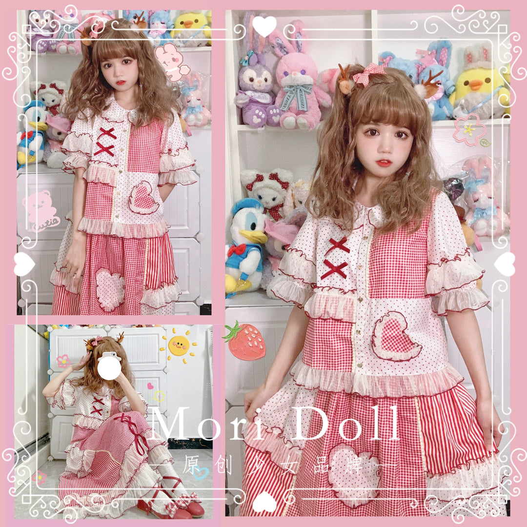 Mori Doll~Peach Tea~Sweet Lolita Dot and Stripe Print Short Sleeve Blouse