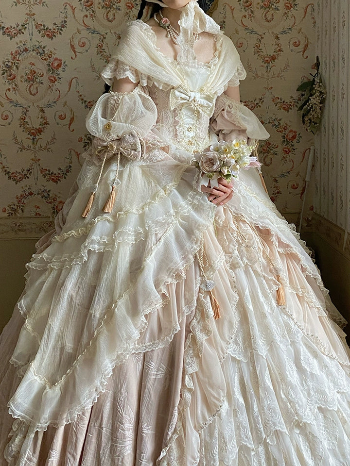 Guaji~Isabella~Wedding Lolita OP Bridal Dress with Tiered Petticoat and Trailing