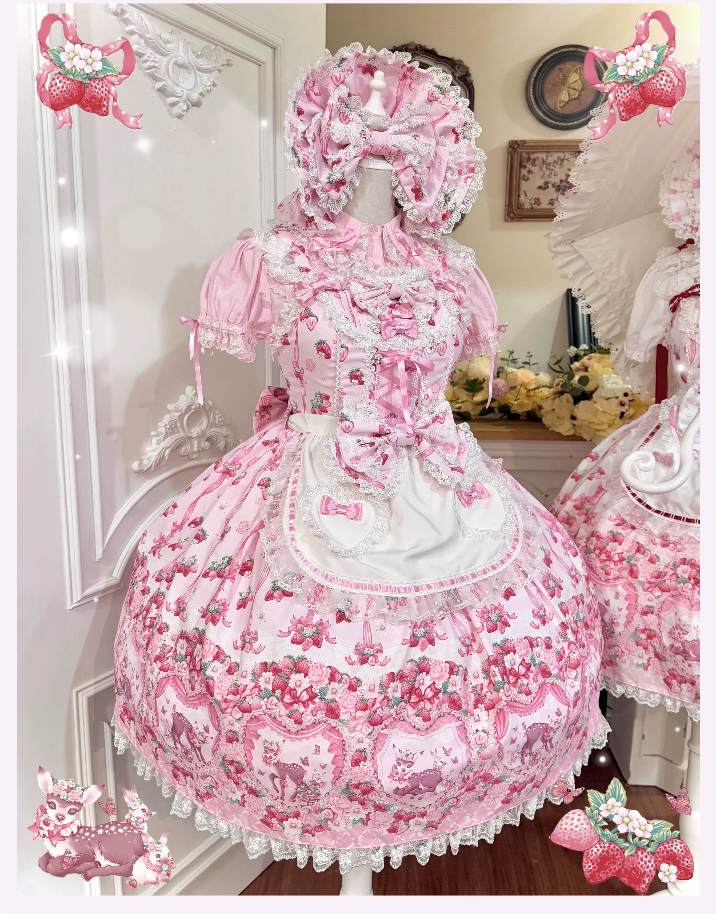 Deer Strawberry Garden - Old School Lolita Deer & Strawberry Printed JSK Dress 45681:860561