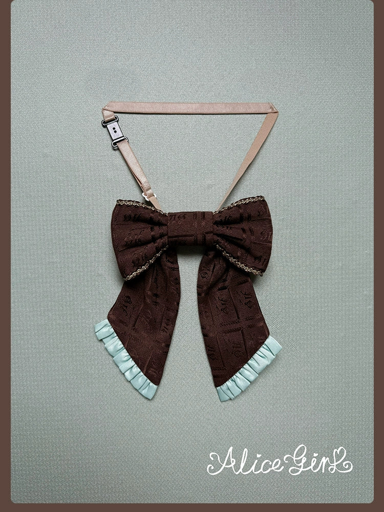 Alice Girl - Bear Chocolate Slab - Jacquard Classic Lolita Accessories One Size Chocolate Brown with Mint Green Trim - Bow Tie