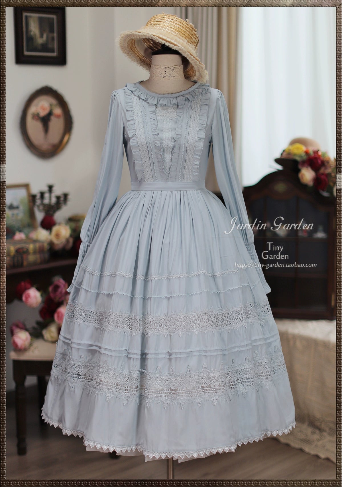 Tiny Garden~Spring Whispers~Elegant Lolita OP Dress French Style Long/Short Sleeve Long sleeve S (long length) Light aqua blue (Tencel)