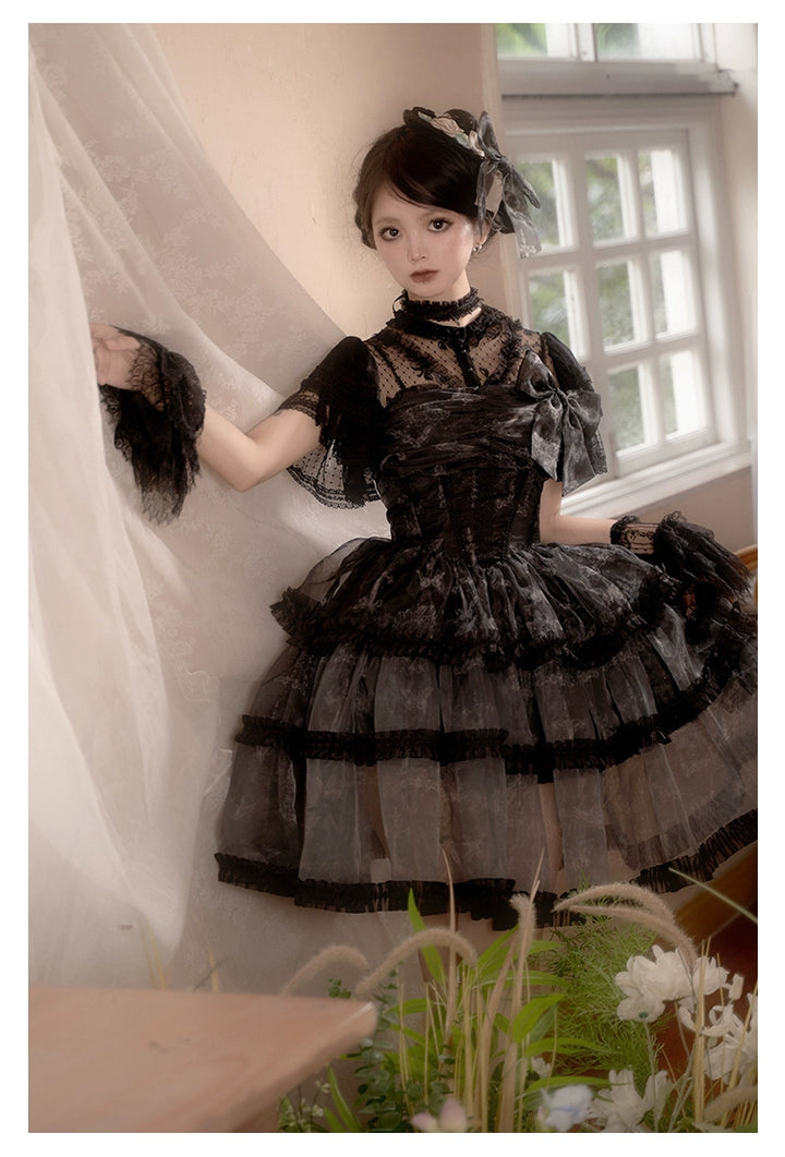 With PUJI~Butterfly Dream SP~Classic Lolita JSK Dress Fishbone Black Dress   