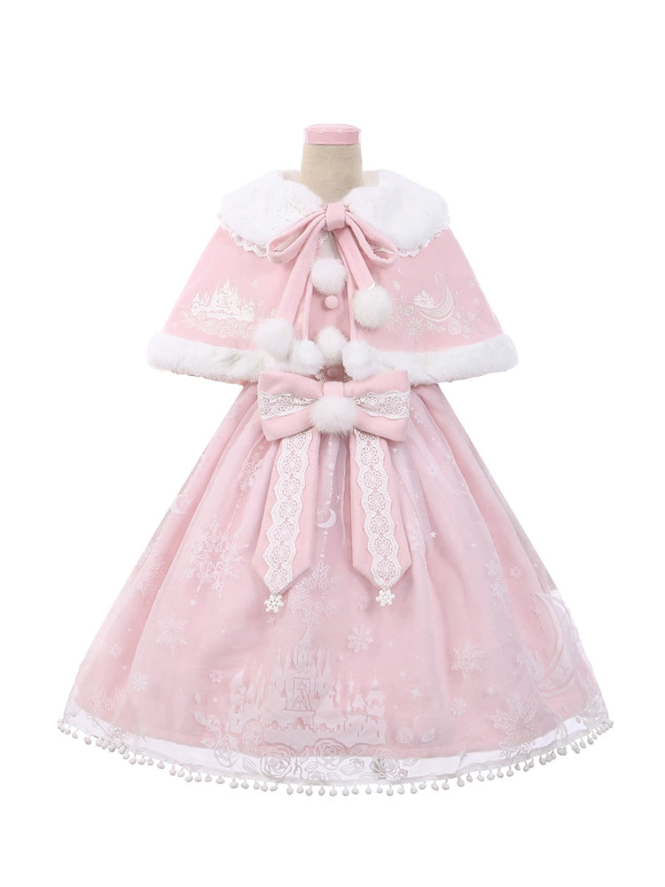 To Alice~Snow Moon Castle~Sweet Lolita Jumper Dress Set Christmas Plush Cape S Pink suit 