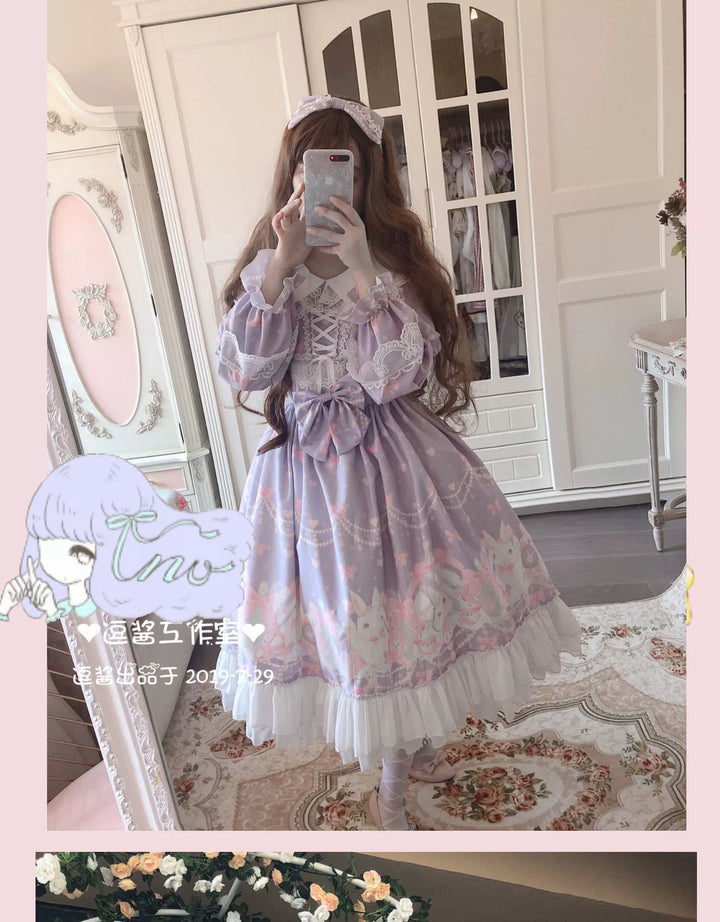 Doujiang~Kawaii Lolita OP Rabbit Print Pink Purple Lace Princess Dress   