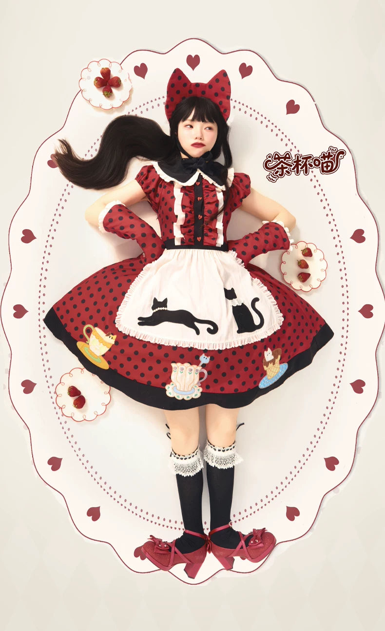Teacup Meow - Old School Lolita Polka Dot OP Dress, Cat and Teacup Patch 45490:852667