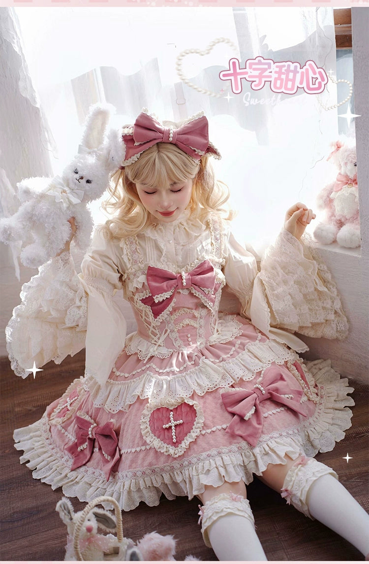 Sakurahime~Cross Sweetheart~Pink Sweet Lolita JSK Dress Doll Lolita Short Dress