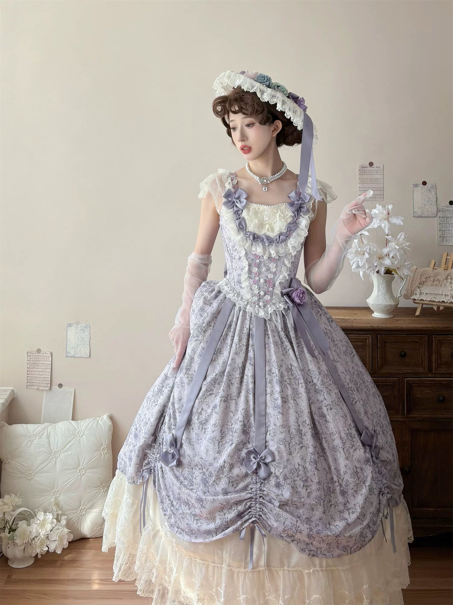 Dolota Flower Wall - Classic Lolita Floral OP Dress, Open Shoulder (L M S XL) 44485:811167