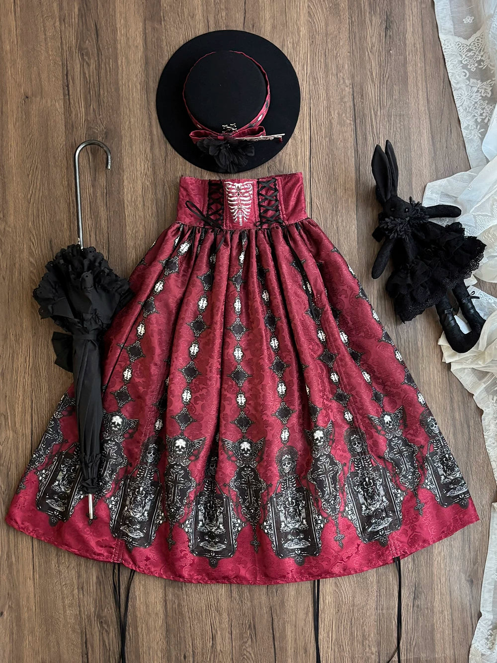 Moonnight Return - Fishbone Gothic Lolita SK Dress, Drawstring lift-up Hem Printed - Red SK XS