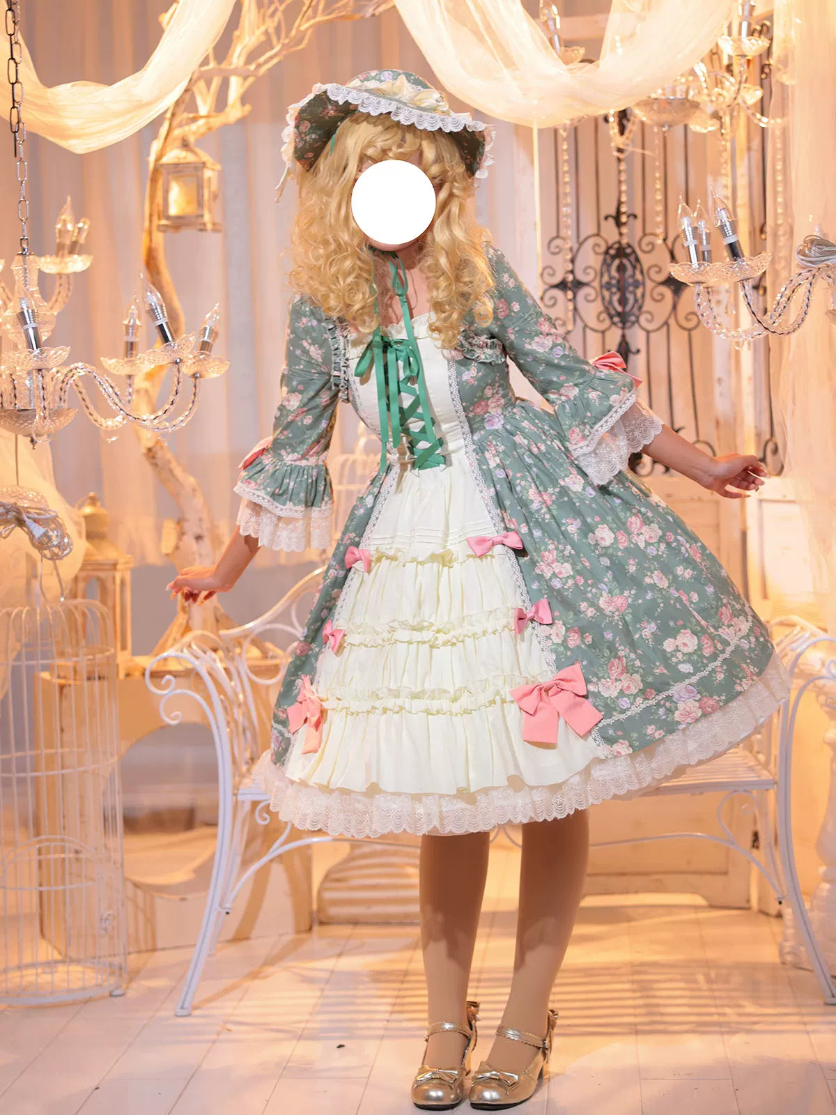 Classic Lolita Rococo Floral Print OP Dress, Lace Hime Sleeve 45668:857613
