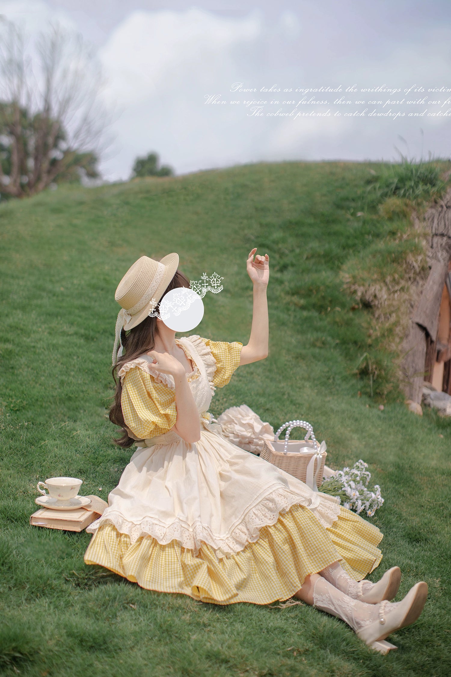 HuTaoMuJK - Belle - Yellow Lolita OP Dress Set Apron Dress Plaid Print