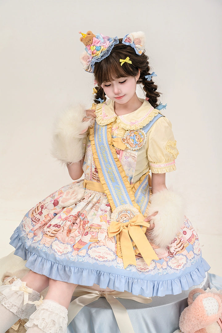 Mewroco~Sweet Lolita Salopette Daily Cute Lolita Dress S Embroidered Sash + Bow Badge 