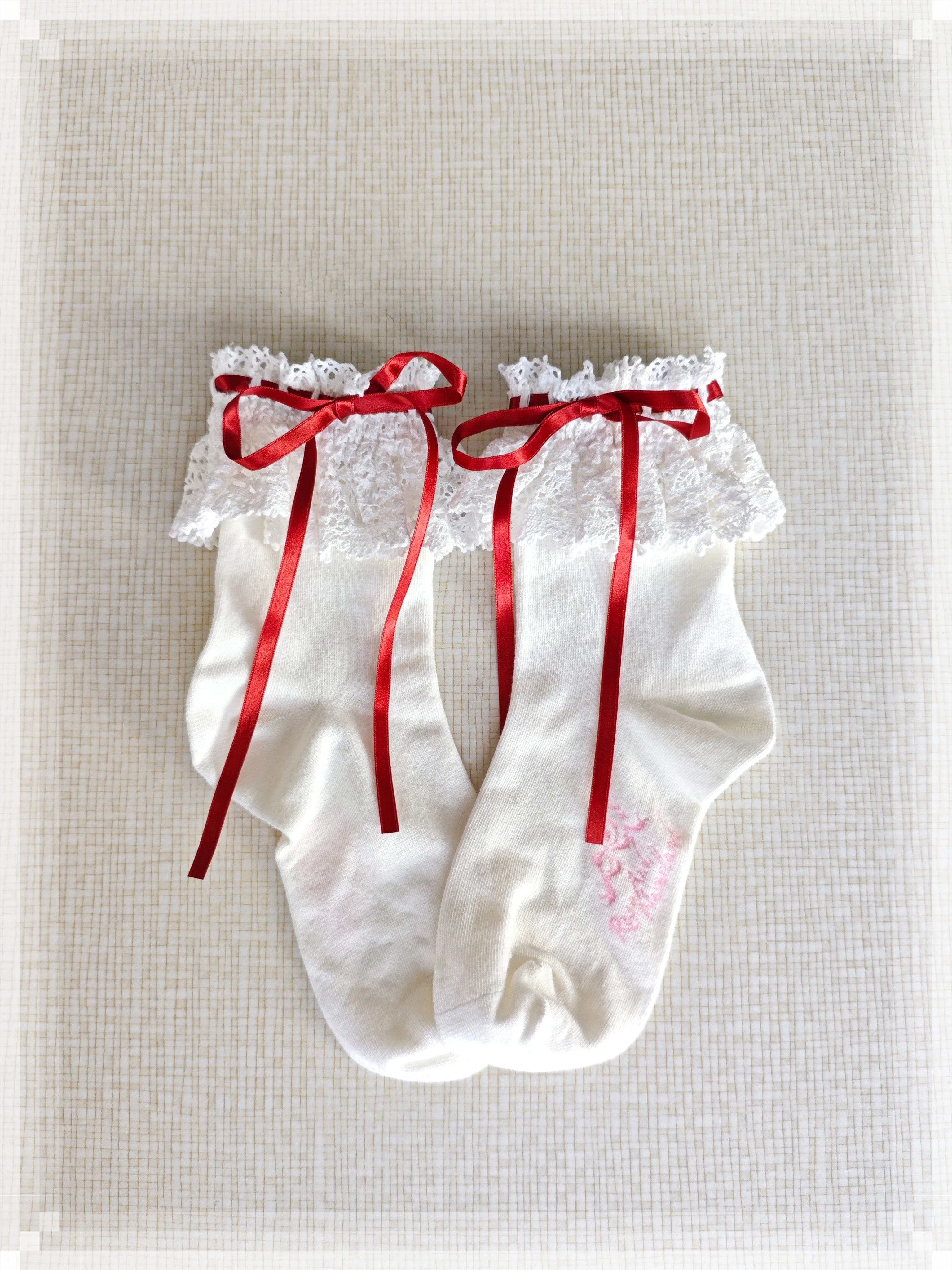 Cotton Old School Lolita White Socks with Colorful Ribbon Bows 45537:853897
