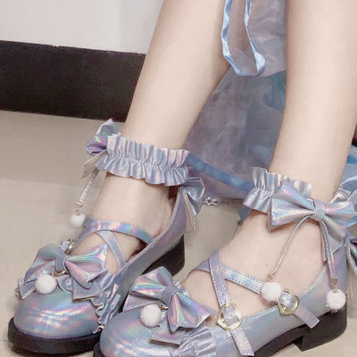 Fairy Godmothe~Preppy Style Flat Shoes Mid Heel Round Toe Lolita Shoes 37 Low Heel Laser Blue 