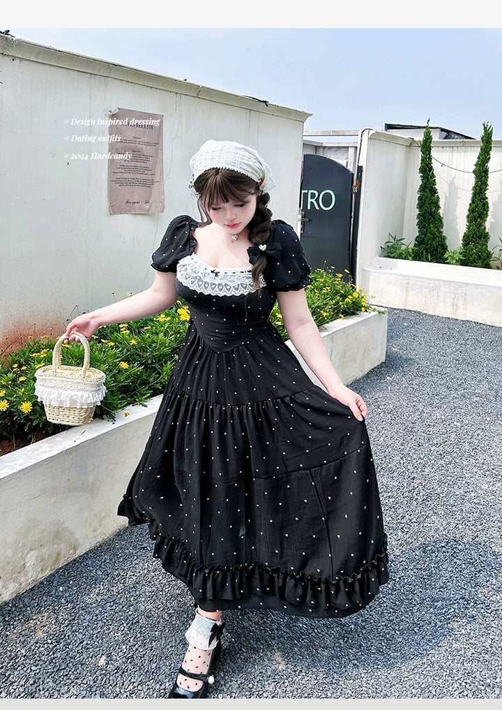 Yingtang~Plus Size Lolita Dress Polka Dot White Black Short Sleeve OP black dress XL 