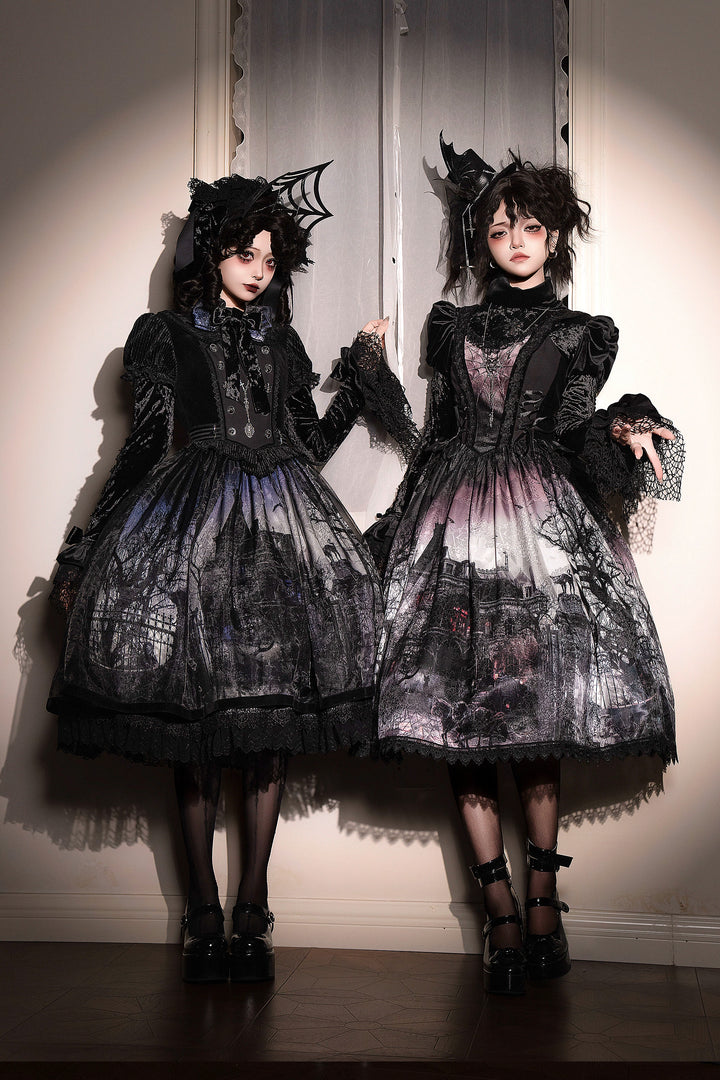 LilithHouse~Horror House~Gothic Lolita OP Set with Cape and Castle Print