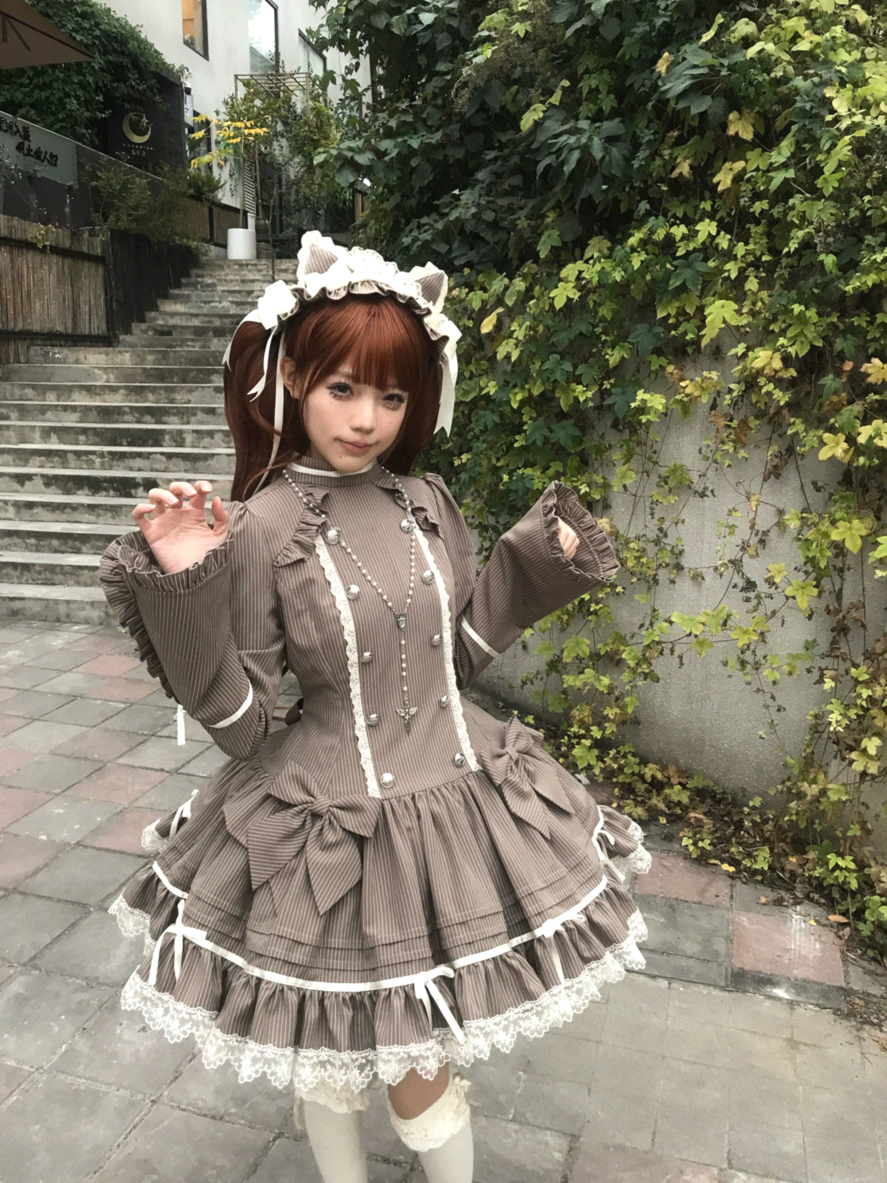 Phantom Kitty - Old School Lolita Low Waist OP Dress, Lace & Bow 45119:836211