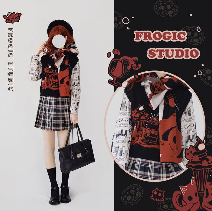 (BFM)Frogic Studio~Call Of Cathulhu~Kawaii Lolita Vest V-Neck Round Neck Double-Wearing Vest Vintage Red Black Free size 