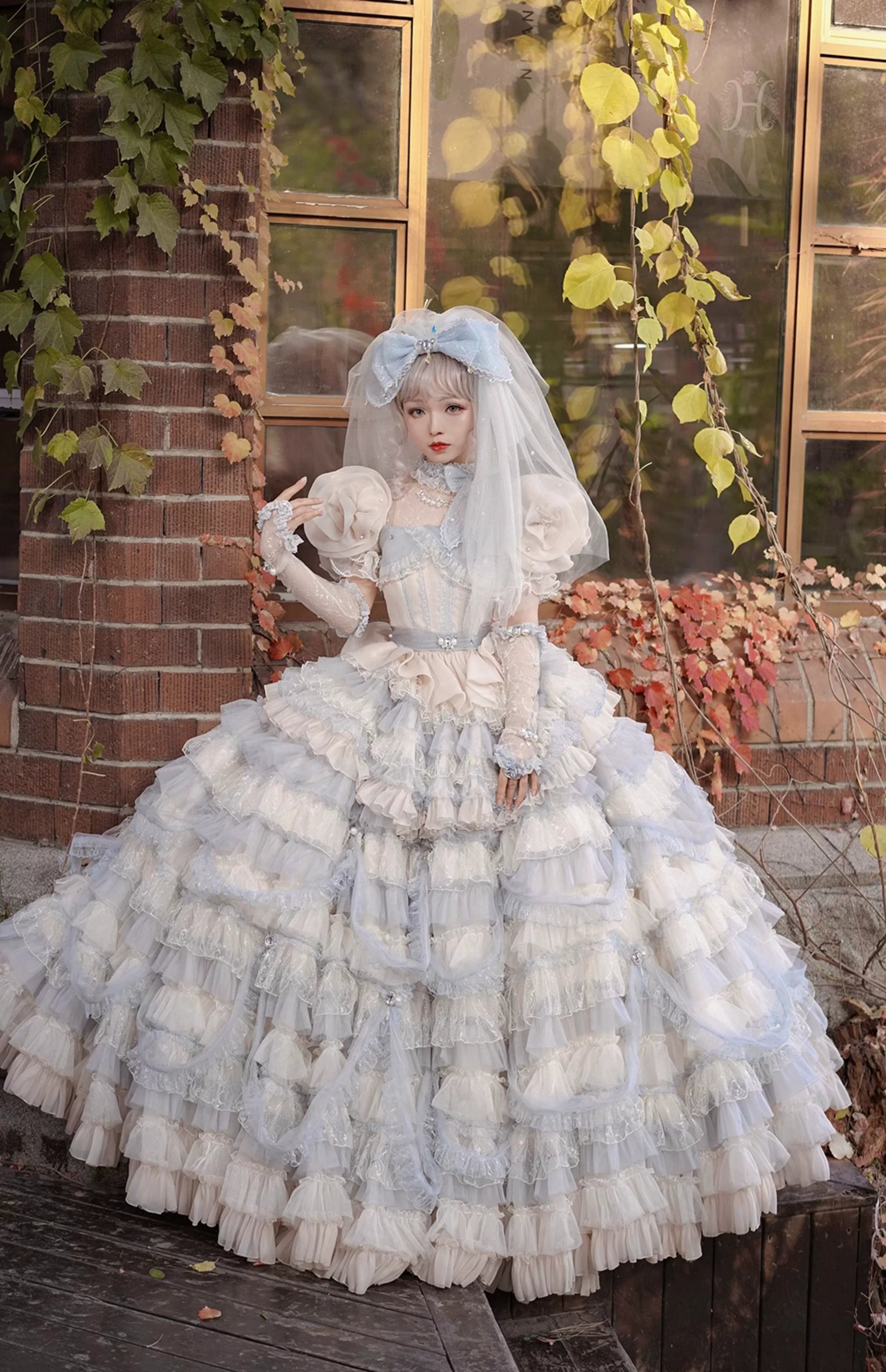 Moonlit Crystal Reverie - Wedding Sweet Lolita Top and Skirt Set, Fishbone Waist 44831:829572