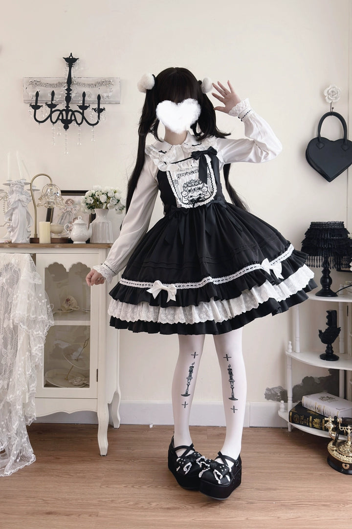 Hanguliang~Sweet Bear~Kawaii Lolita JSK Dress Embroidery Flounce Hem