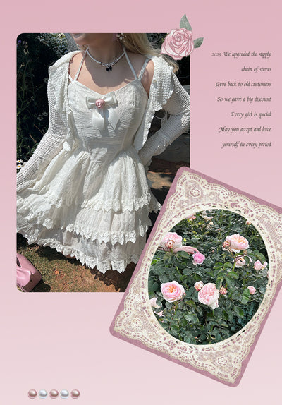 Yingtang~Rose of France~Sweet Lolita Plus Size Halter Puffy Dress Set XL white outer cardigan 