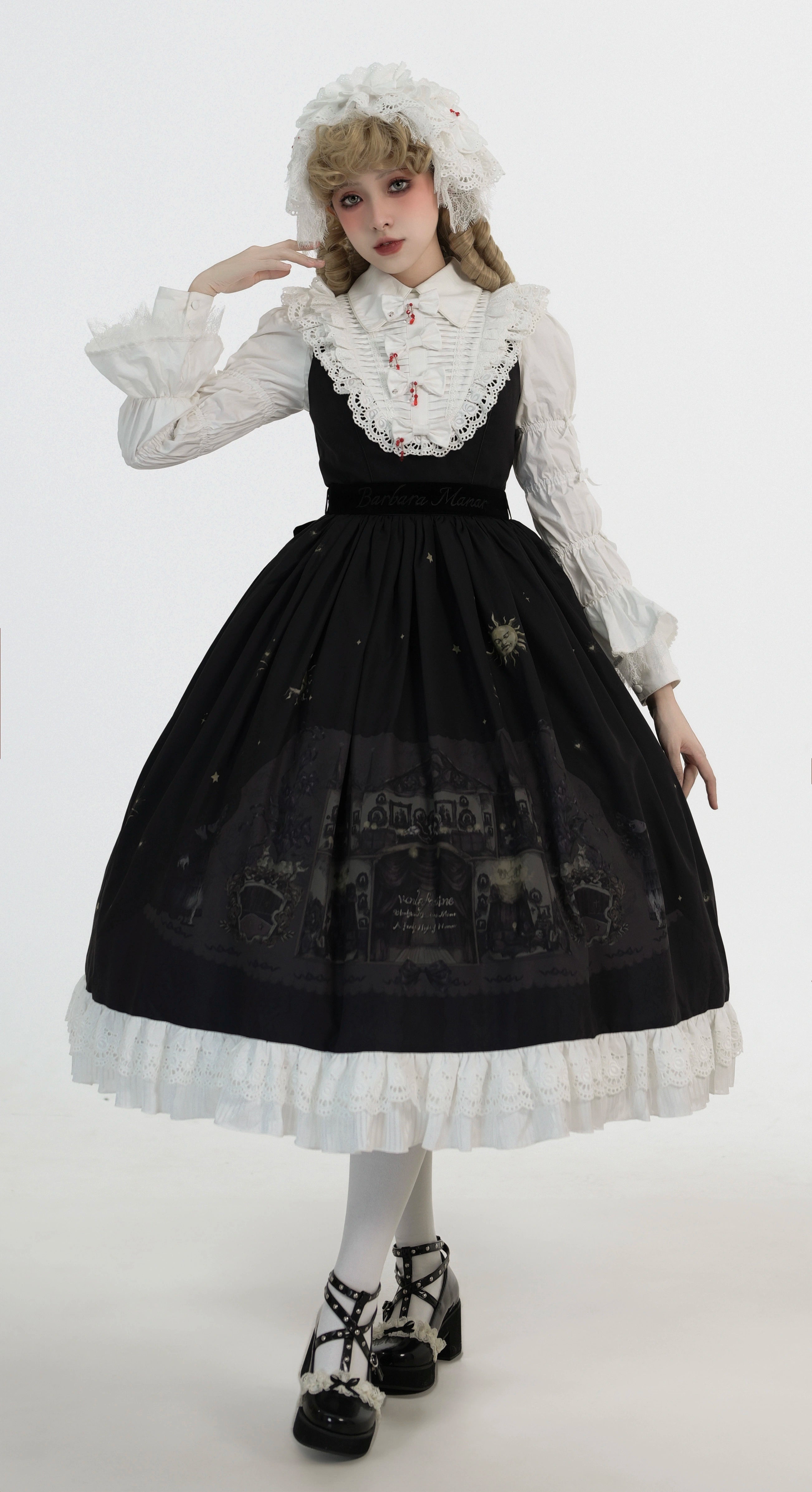 Dark Circle Clinic - Barbara Manor Night - Gothic Lolita JSK Pleated Floral Print Lolita Dress XS Black - Long JSK