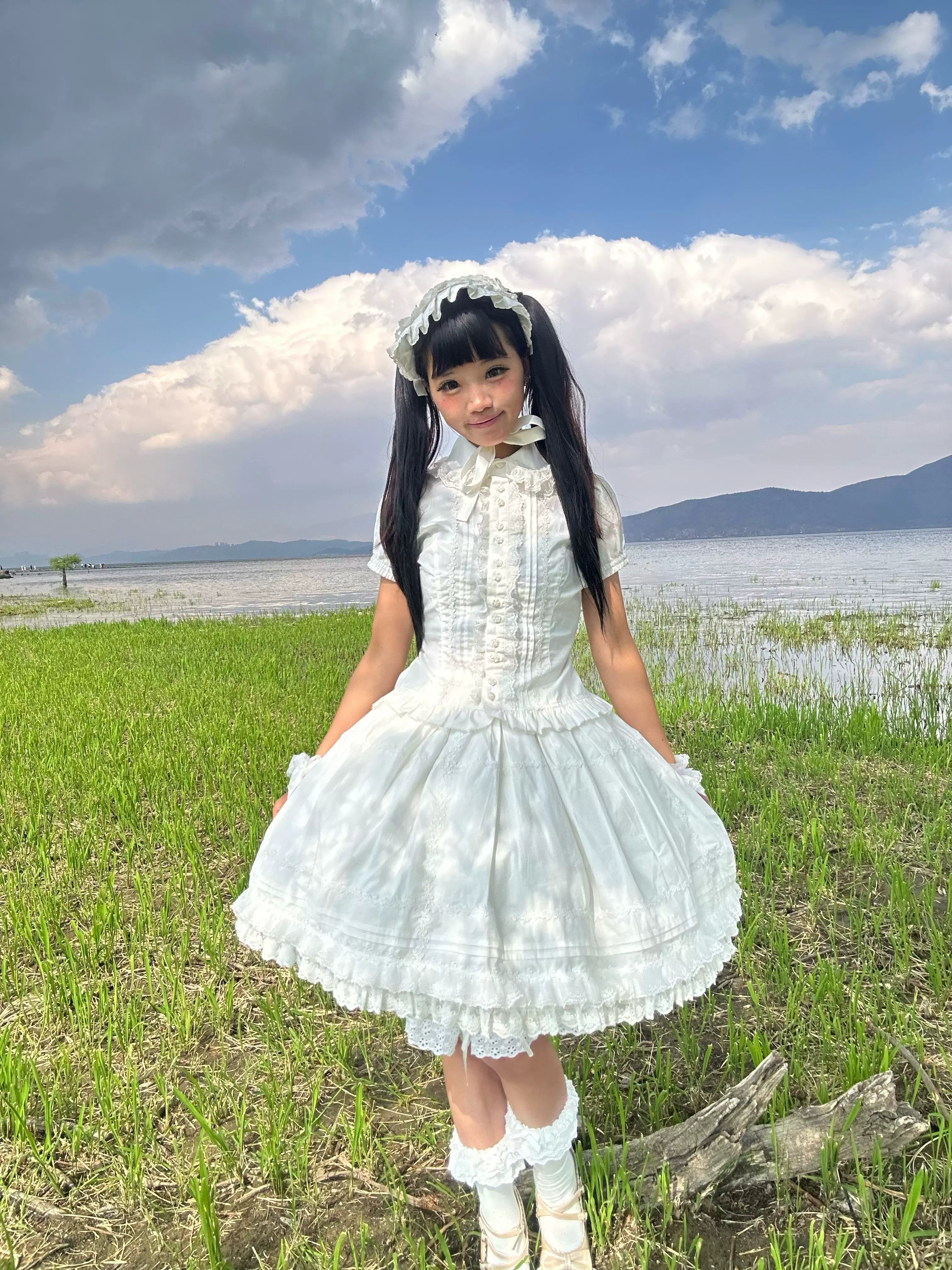 Sugar Heart Rose - Cotton Old School Lolita SK with Ruffled Hem SK Only - White S