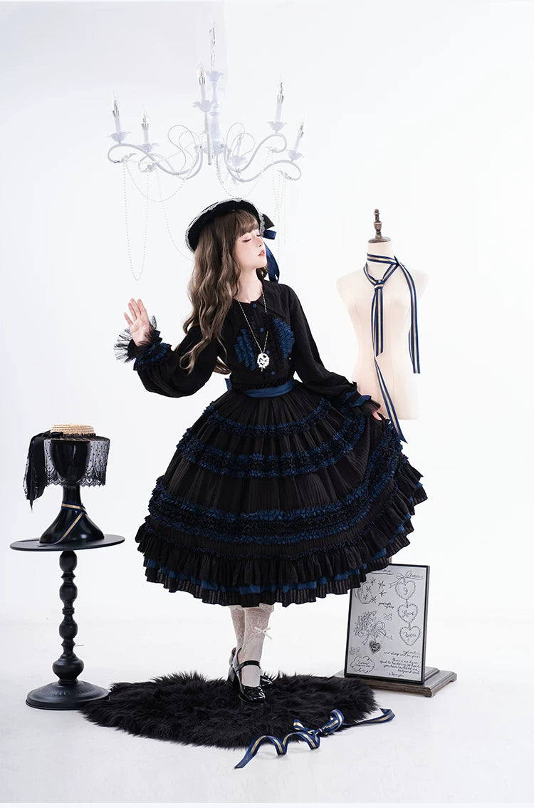Wings and Bouquet - Dark Classic Lolita Blouse and SK Set, Layered Blue Ruffles 45680:858307