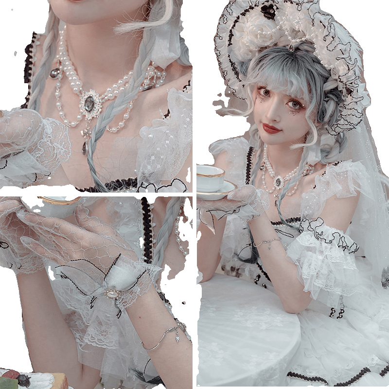 Cat Fairy~Dark Starry Night~Wedding Lolita Bonnet Bridal Mesh Gloves and Necklace